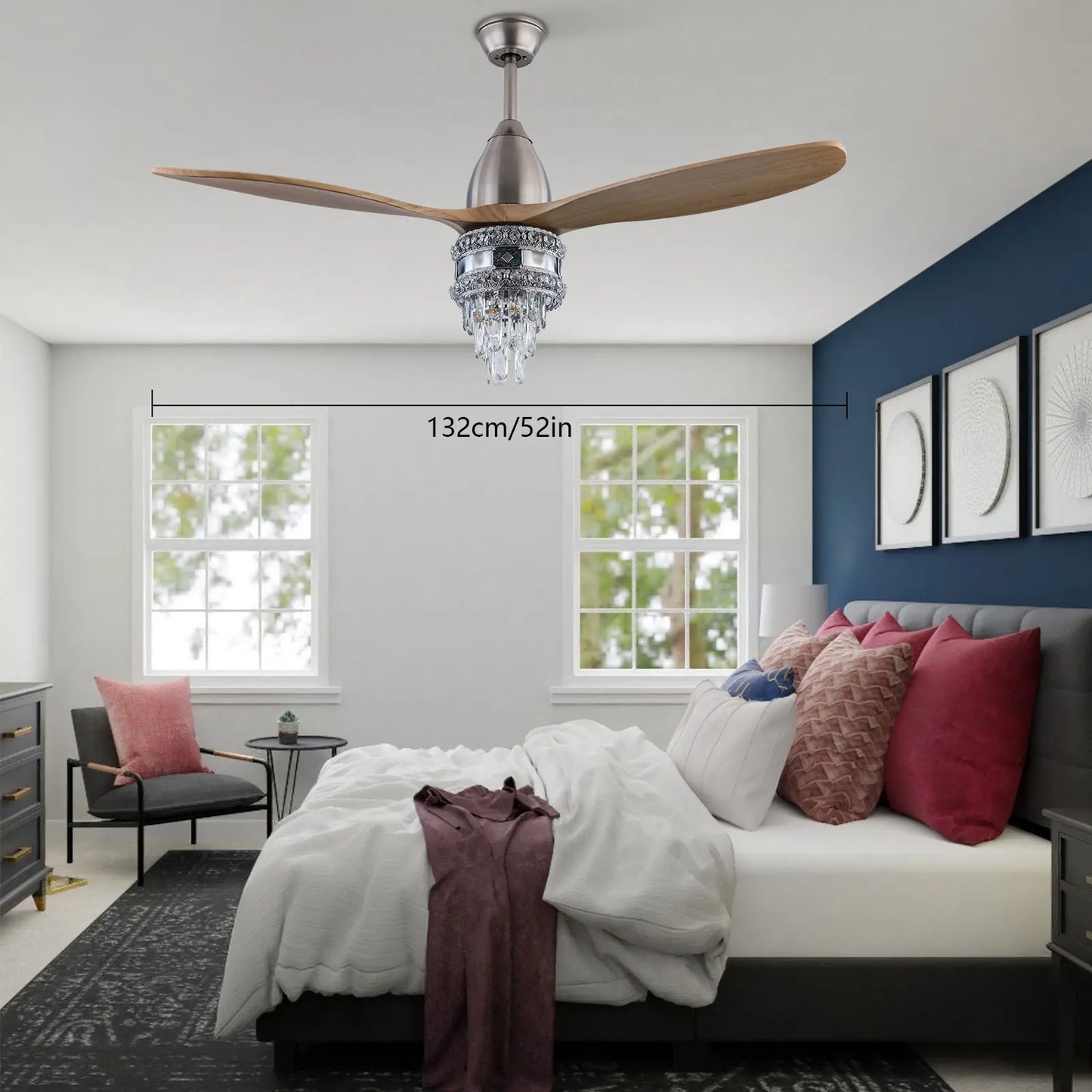 52 Inch Fan Pendant Light Ceiling Fan, Ceiling Fan with Remote Control,Flush Mount Ceiling Fan for Living Room,Dining Room,Hotel