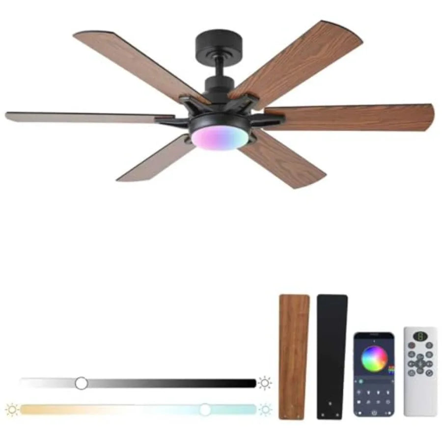 52in Ceiling Fans with Lights RGB Ceiling Fan with Light and Remote/APP ControlLow Profile Ceiling Fans with Lights for Bedroom