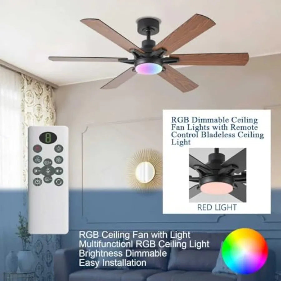 52in Ceiling Fans with Lights RGB Ceiling Fan with Light and Remote/APP ControlLow Profile Ceiling Fans with Lights for Bedroom