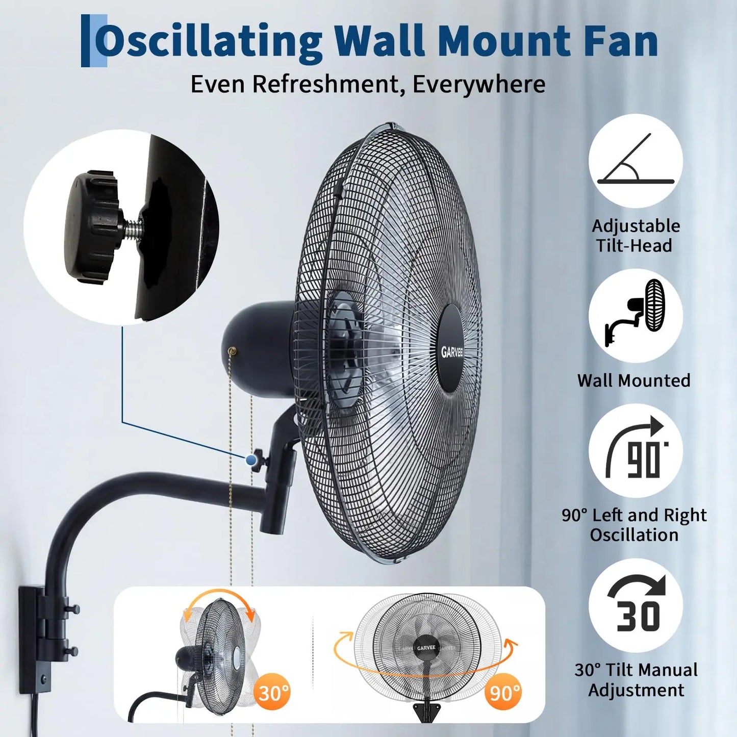 High Velocity Oscillating Wall Mount Fan, 3500 CFM 3-Speed Heavy Duty Industrial Shop Fan with 90° Oscillation & 30° Adjustable
