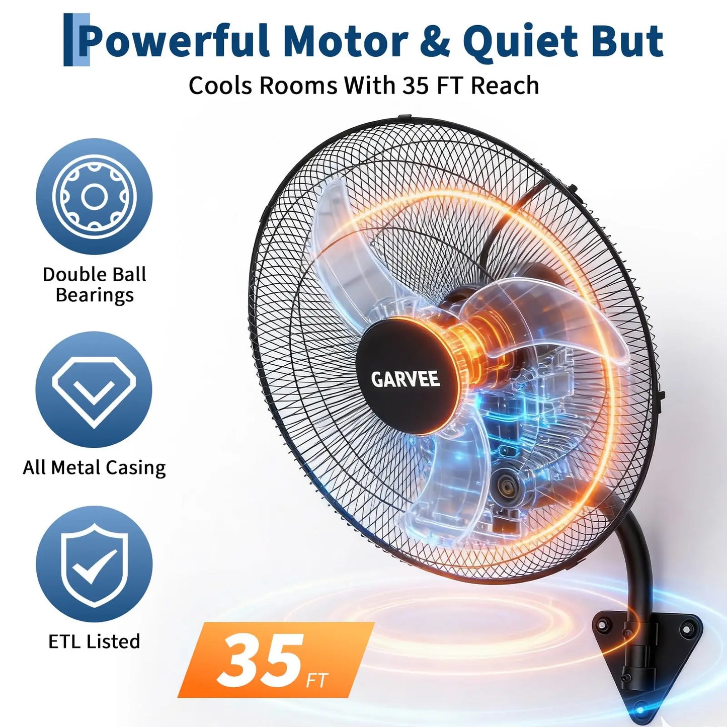 High Velocity Oscillating Wall Mount Fan, 3500 CFM 3-Speed Heavy Duty Industrial Shop Fan with 90° Oscillation & 30° Adjustable