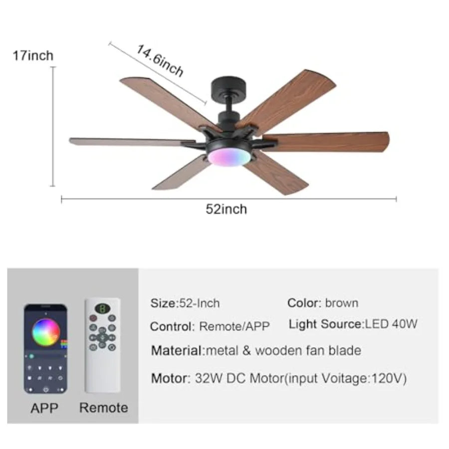 52in Ceiling Fans with Lights RGB Ceiling Fan with Light and Remote/APP ControlLow Profile Ceiling Fans with Lights for Bedroom