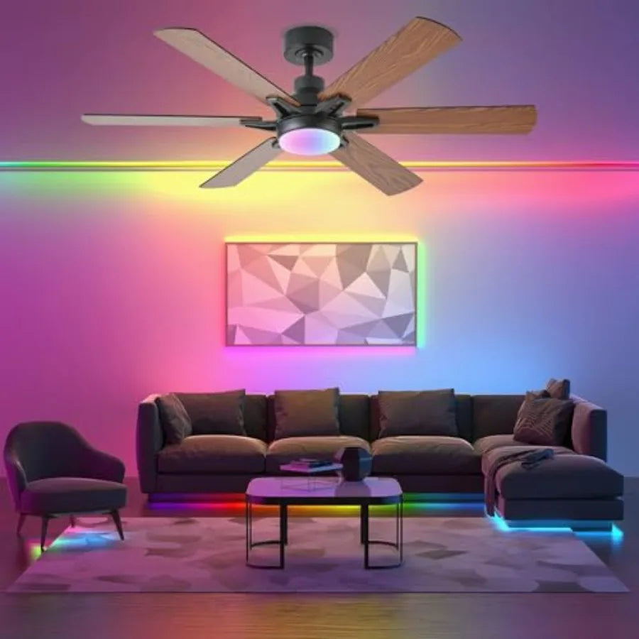 52in Ceiling Fans with Lights RGB Ceiling Fan with Light and Remote/APP ControlLow Profile Ceiling Fans with Lights for Bedroom