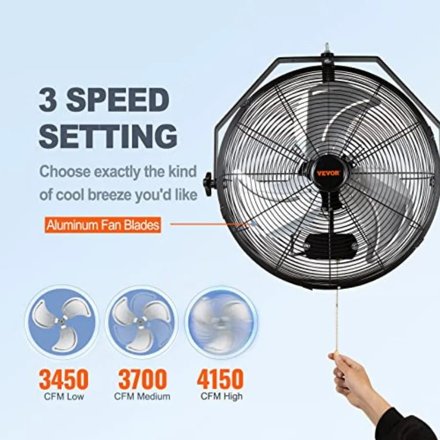 18 Inch Wall Mount Fan, 3-speed IP44 Waterproof Fan, Max. 4150 CFM Wall Mounted for Outdoor, Commercial, Residential, Greenhous